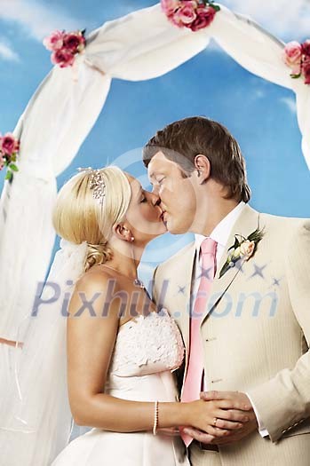 Happy couple having their first kiss Happy couple having their first kiss