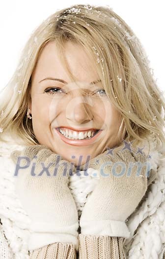 pretty woman smiling hair covered with snow