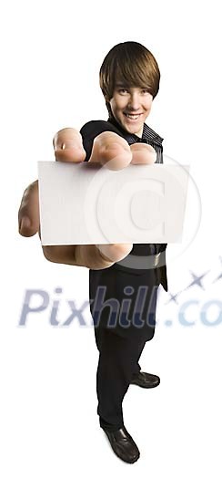 Man showing a blank card