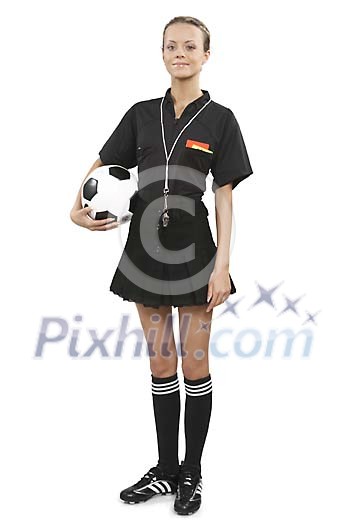 Woman referee standing with ball