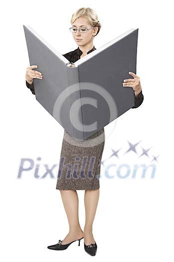 Woman reading a very big book