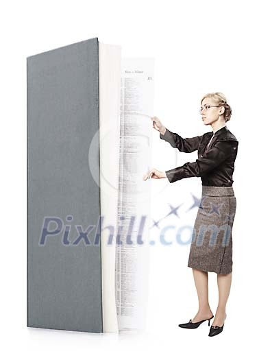 Woman reading very big book