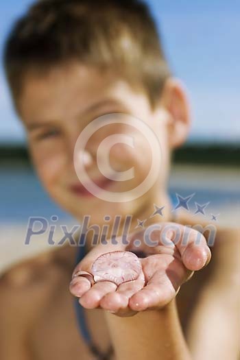 Boy showing a jellyfish on his hand