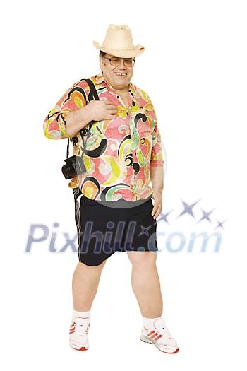 Male tourist standing on a white background