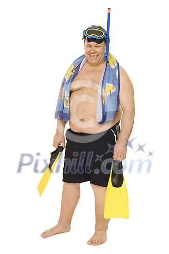 Man standing with diving equipment on a white background