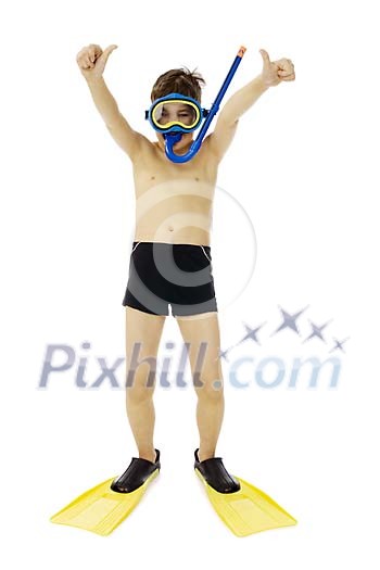Boy standing with snorkel equipment on a white background
