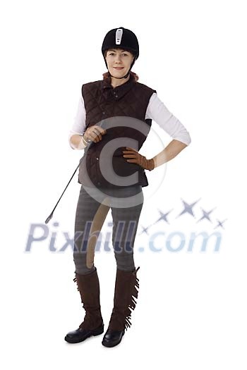 Female horseback rider on a white background