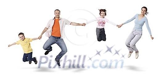 Family jumping in the air on same time