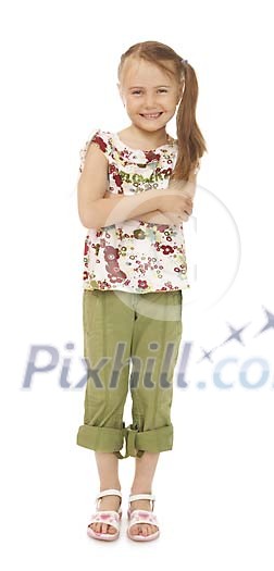 Young girl standing on a white background
