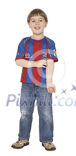 Boy standing and scratching his arm Boy standing and scratching his arm