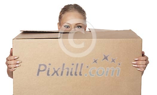 Woman peaking over the box