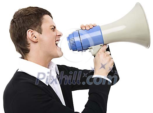 Man yelling through the megaphone Man yelling through the megaphone