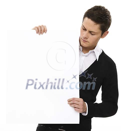 Man showing a blank sign