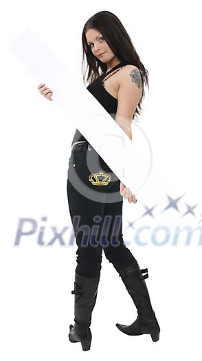 Isolated woman standing with a blank sign Isolated woman standing with a blank sign