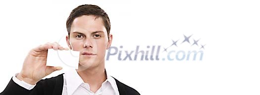 Man showing a blank business card Man showing a blank business card