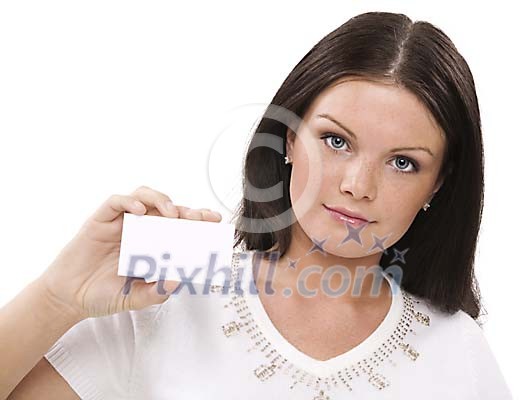 Woman showing a blank business card