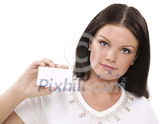Woman showing a blank business card Woman showing a blank business card