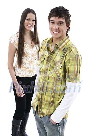 Couple of teenagers smiling to the camera Couple of teenagers smiling to the camera