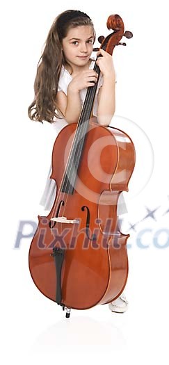 Isolated girl standing with a cello Isolated girl standing with a cello