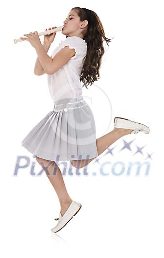 Isolated girl jumping and playing the flute Isolated girl jumping and playing the flute