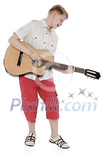 Isolated boy playing guitar