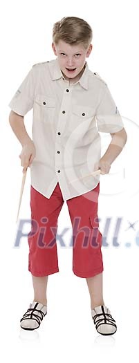 Isolated boy playing invisible drums Isolated boy playing invisible drums