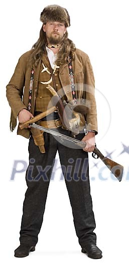 Isolated man dressed as a hunter