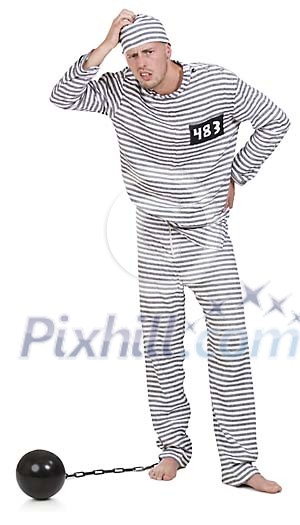 Isolated man dressed as a prisoner scratching his head Isolated man dressed as a prisoner scratching his head