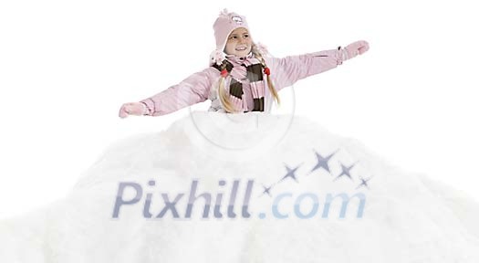 Girl half way in the snow pile Girl half way in the snow pile