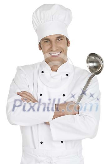 Isolated man dressed as chef with a scoop