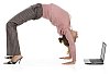 Isolated woman doing a backflip in front of the laptop