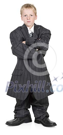 Isolated boy wearing grown ups business suit