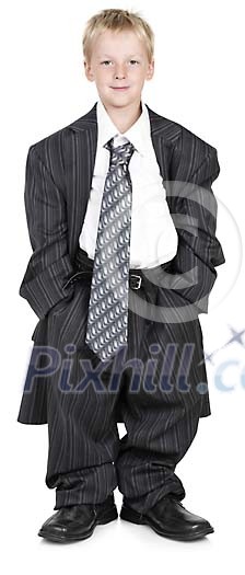 Isolated boy wearing a suit too big for him Isolated boy wearing a suit too big for him