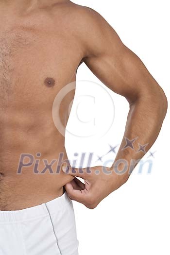 Isolated man stretching his skin