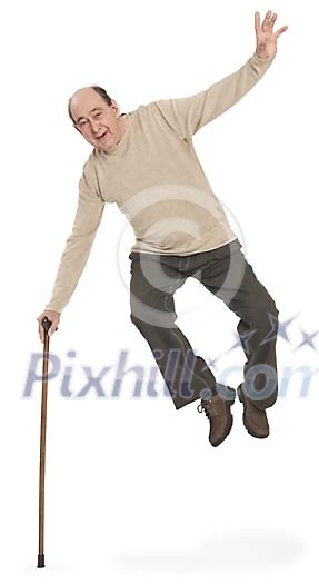 Isolated older man jumping high up