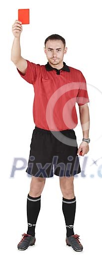 Isolated football referee showing a red card