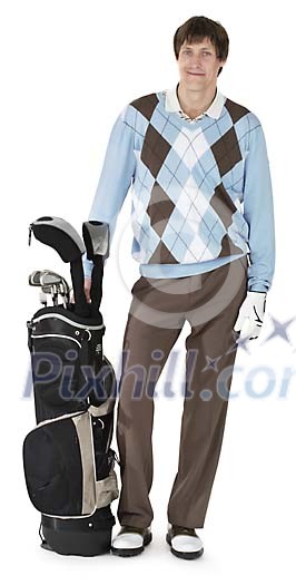 Isolated man with golf clubs