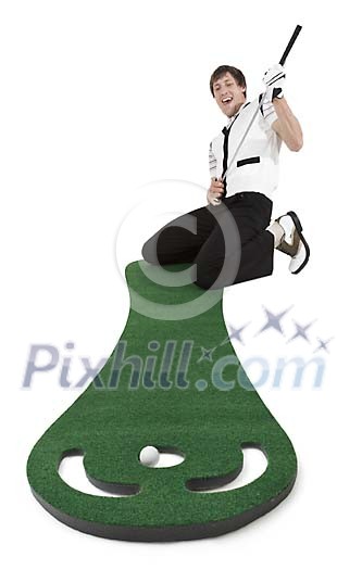 Isolated golfar celebrating a successful putting Isolated golfar celebrating a successful putting