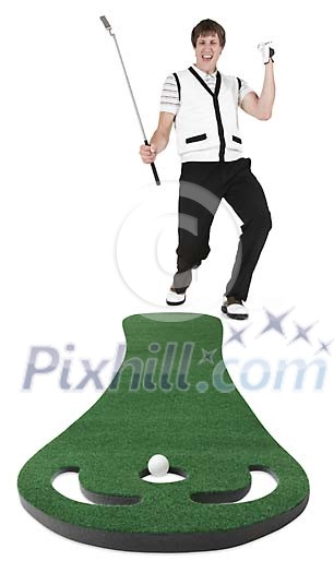 Isolated golfar looking happy after a successful putting Isolated golfar looking happy after a successful putting