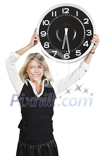 Isolated woman holding a big clock