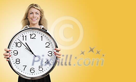 Woman covering her body with a big clock