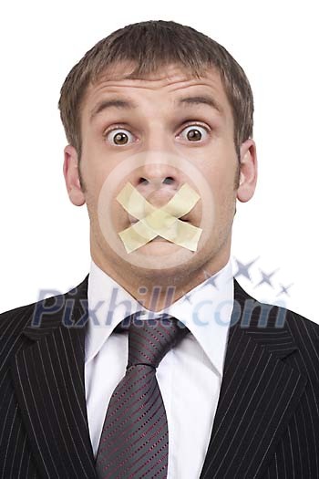 Isolated man with mouth taped shut