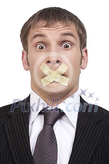 Isolated man with mouth taped shut Isolated man with mouth taped shut
