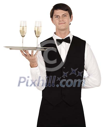 Isolated male waiter holding a tray with glasses