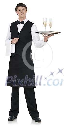 Isolated male waiter serving champagne