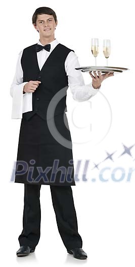 Isolated male waiter serving champagne Isolated male waiter serving champagne