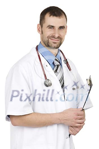 Isolated male doctor with notes