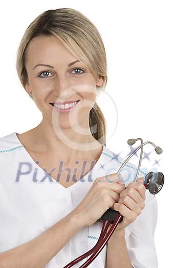 Female nurse with a stetoscope, smiling