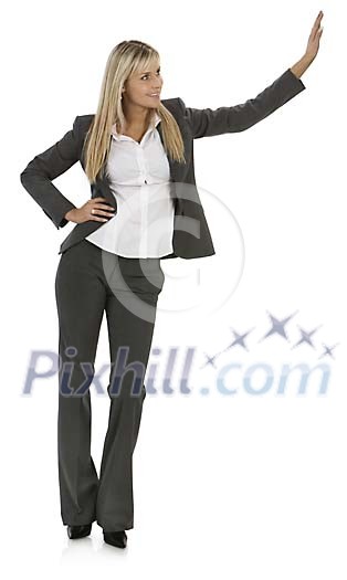 Isolated businesswoman leaning to the wall