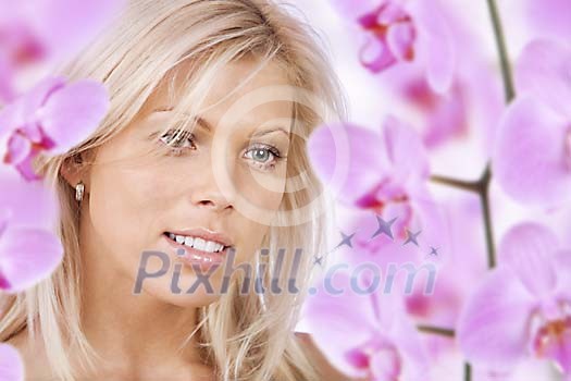 Woman with pink orchids